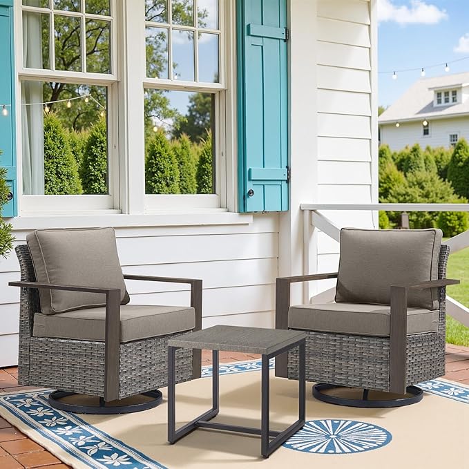Belord Outdoor Swivel Rocker Chairs Set of 2 with Metal Wide Armrests, 3 Piece Patio Bistro Wicker Chairs with Side Table, Comfort Glider Furniture for Porch, Deck, Sunroom, Backyard