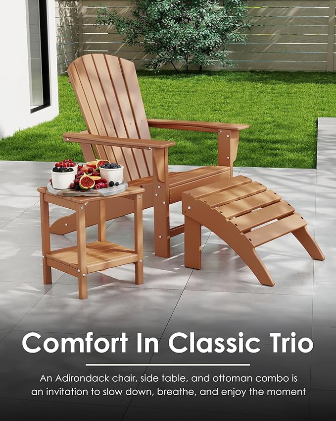 GREENVINES Adirondack Chairs Set of 4 | HDPE Plastic | All Weather | Oversized Fire Pit Chair | Teak | Poly Lumber | for Outdoor Deck Backyard Patio Garden