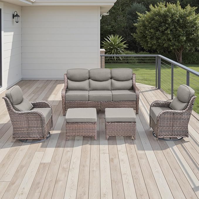 Rilyson Wicker Outdoor Patio Furniture Set - 5 Piece Patio Conversation Sets with Swivel Rocker Chairs, Ottomans and Sofa, 6 inch Cushions, Waterproof Wicker, for Porch Deck Brown/Beige