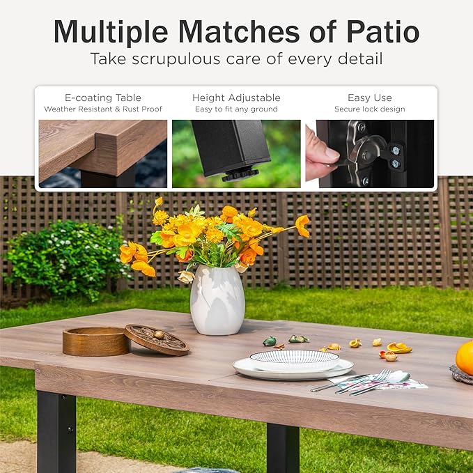 PHI VILLA Outdoor Metal Expandable Dining Table, Wood-Like Wrought Iron Extendable Table for 6-8 Person, Heavy-Duty Large Rectangular Table Furniture for Patio, Deck, Backyard, Porch