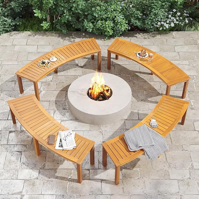 RELAX4LIFE Wooden Outdoor Curved Bench - Acacia Wood Garden Bench w/Slatted Seat, 2-Person Outside Backless Seating for Porch Backyard Deck Park, 800 LBS Load Capacity, Patio Fire Pit Bench (2, 58'')