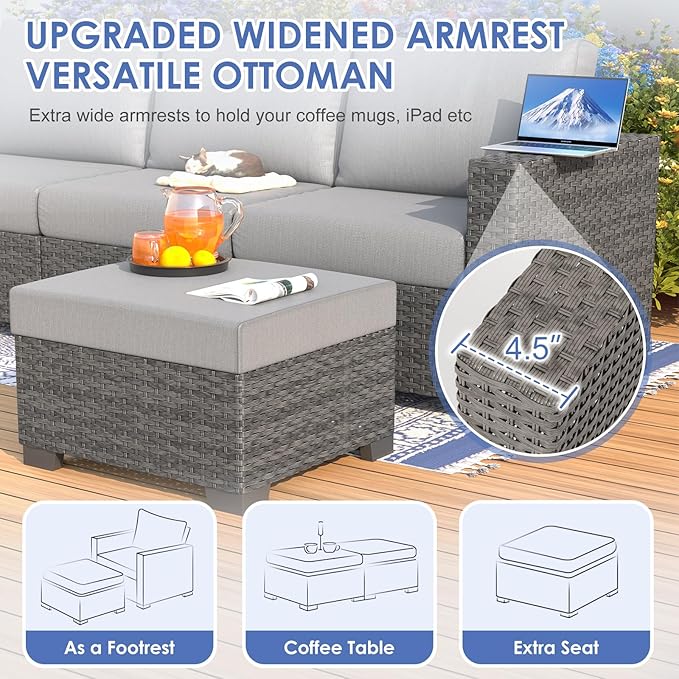 ABCASA Patio Furniture Set with Fire Pit Table, 44'' 60,000 BTU Flame Comfortable 10 Pieces Wicker Rattan Outdoor Furniture Set w/Soft Cushion, Patio Conversation Sets for Porch,Deck,Poolside,Grey