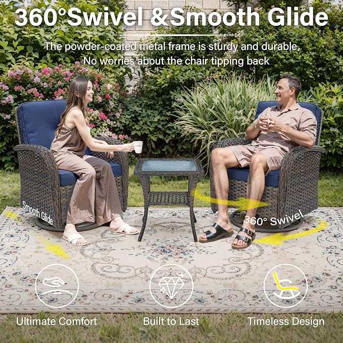 Patio Furniture Swivel Glider PE Wicker Chairs, Outdoor Swivel Rocker Seating with Cushions for Porch Deck Balcony, Brown Wicker Blue Cushion