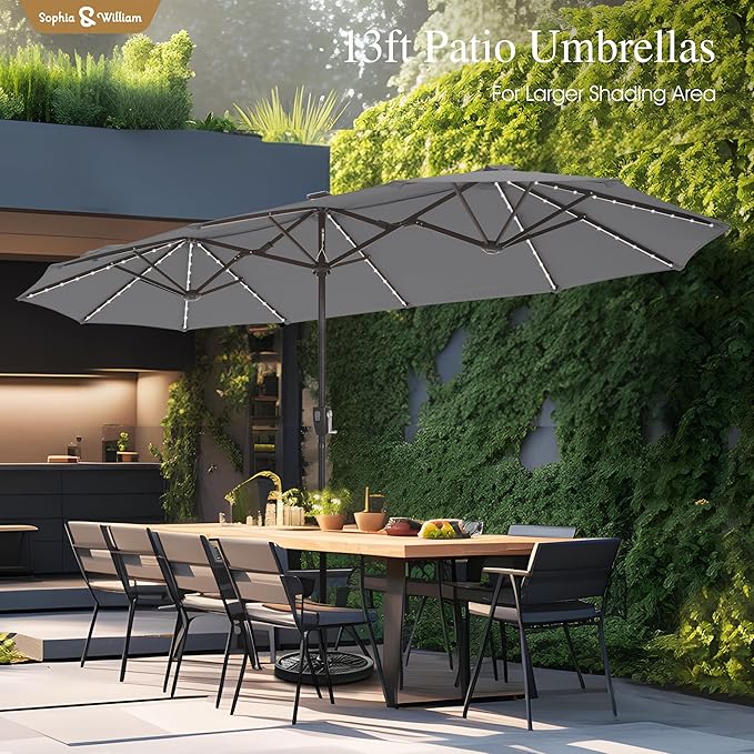 Sophia & William 13ft Outdoor Patio Umbrella with Solar Lights, Large Double-sided Umbrella with LED Lights, Perfect for Garden, Deck, Pool, Smoky Gray