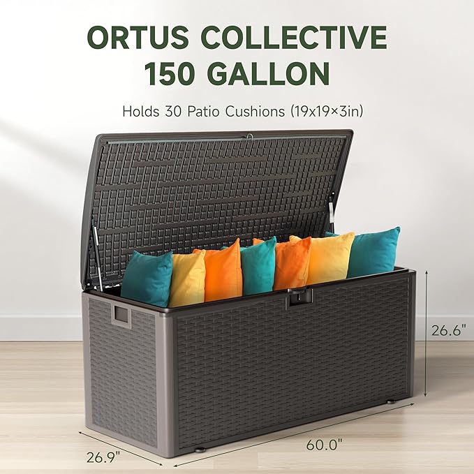 150 Gallon Deck Box, Double Layer Waterproof Resin Outdoor Indoor Storage Box, Lockable & UV Resistant Storage Bin for Patio Furniture, Garden Tools, Pool Accessories (Brown)