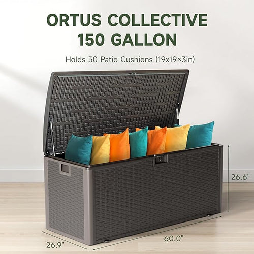 150 Gallon Deck Box, Double Layer Waterproof Resin Outdoor Indoor Storage Box, Lockable & UV Resistant Storage Bin for Patio Furniture, Garden Tools, Pool Accessories (Brown)