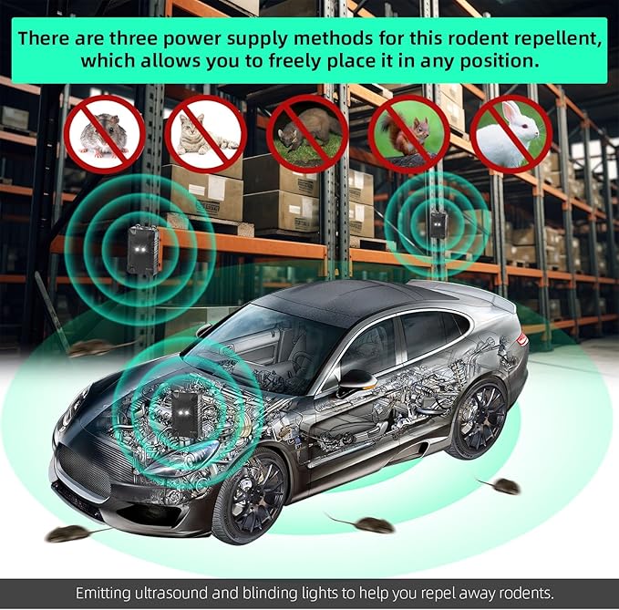 4 Pack Rodent Repellent for Car Engine, Under Hood Rodent Repeller Ultrasonic Battery Operated Mouse Deterrent with Flashing Lights,Rat Repellent for Car,Keep Mice Out of Garage Outdoors Indoors