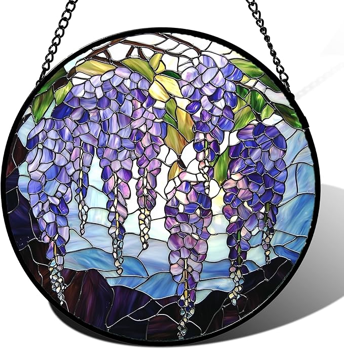 DASTOLL Stained Glass Window Hanging, Purple Wisteria Flowers Suncatcher for Doors Window Home Plant Sun Catchers Decoration Mother's Day Birthday Gifts for Women, Men, and Mom 15x15 in
