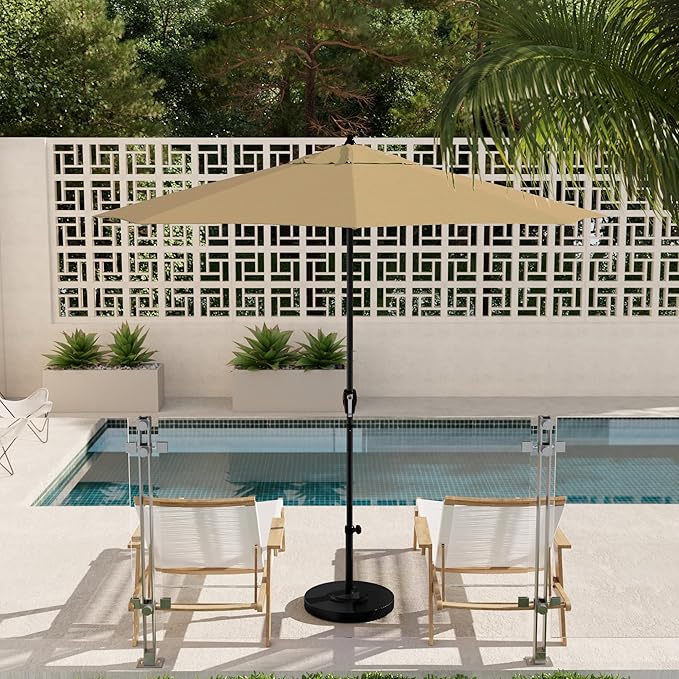 California Umbrella 9' Rd Aluminum Patio Umbrella, Crank Lift, Auto Tilt, Black Finish, Sunbrella Antique Beige