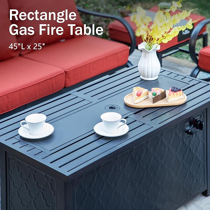 PHI VILLA Patio Furniture with 1 x 45 Metal FirePit Table, 1 x 3-Seat Wide Deep Seating Bench, 2 x Swivel Sofa Chairs & 2 Ottomans, 5.75" Thick Cushioned Outdoor Conversation Set for 5,Red