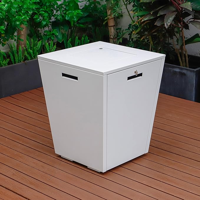 LeisureMod Chelsea 32" Modern Gas Fire Pit Table – 37,000 BTU CSA Certified Propane Steel Outdoor Table with Tempered Glass Wind Guard and Lid for Patio (White)
