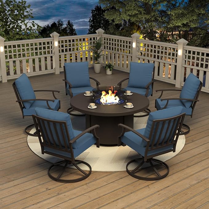 Kurapika 7 Piece Metal Outdoor Patio Furniture Set with Round Fire Pit Table, Patio Conversation Sets 6 Swivel Chairs with Thick Cushion and 40000 BTU Fire Pit Table for Deck, Navy Blue