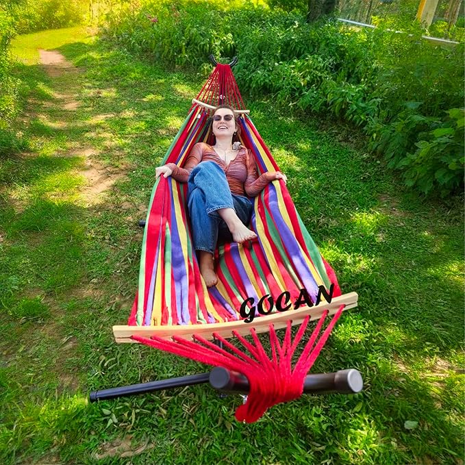 GOCAN Double Hammock 2 Person Large 220x160cm with Steel Stand and Removable Spreader bar Load 500lb, Canvas Cotton Hammocks for Patio Porch Garden Backyard Outdoor and Indoor,red
