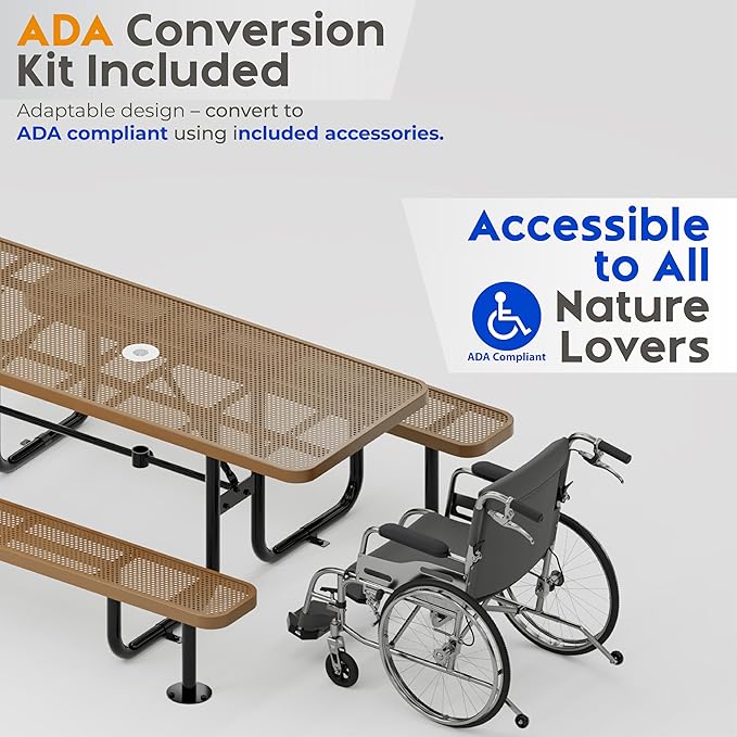 Commercial Heavy-Duty Metal Picnic Table - ADA Compliant, Adjustable Seats, Umbrella Hole (Brown, 6' Rectangular, Punched Steel)