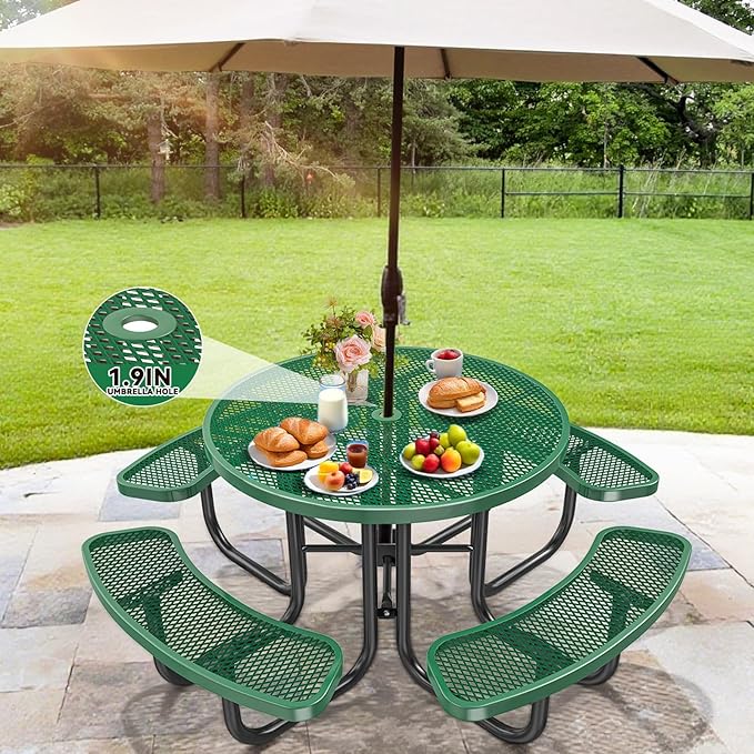 46" Round Top Outdoor Picnic Table Set for Up to 8 Persons, Outside Table Set with 4 Built-in Benches, Metal Commercial-Grade Dining Furniture with Umbrella Hole for Garden, Backyard, Porch, Green