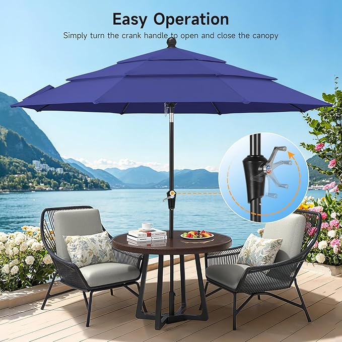 9 FT Outdoor Patio Umbrella, 3 Tier Market Table Umbrella with 8 Sturdy Fiberglass Ribs and 1.5’’ Pole, Smooth Button Tilt Patio Umbrella for Backyard Pool Garden, Blue(No Base)