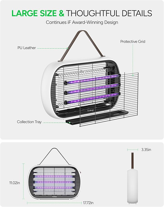 Buzbug Upgraded LED Bug Zapper Indoor, LED Bulbs Up to 50,000 Hours, 3 Lamps Sustainable Less Power, 3800V Powerful Electric Mosquito Zapper, Fly Trap Mosquito Trap, Fly Killer Fly Zapper