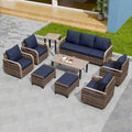 EAGLE PEAK Modern Wicker Outdoor Patio Furniture Set, Patio Conversation Set, 4 Swivel Rocker Chairs, 3-Seat Loveseat, 2 Ottomans, Coffee Table and Side Table, 9 Pieces, Brown/Blue