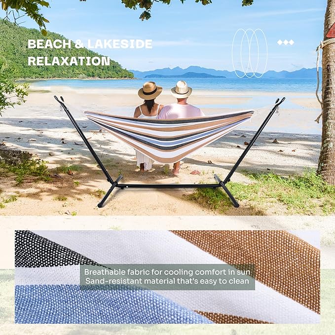 NEWBULIG Double Hammock with Stand, Heavy Duty Portable Hammocks for Outdoor Indoor Patio Camping, Space Saving Design & Carry Bag, Easy Assembly, 450lb Weight Capacity