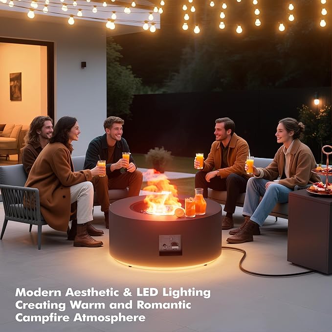 30" Round Propane Fire Pit Table - 50K BTU with Lid, Rocks Tank Storage and Cover - Round Gas Fire Pits for Outside Patio - Outdoor Table with Firepit (Grey/Golden Light, 30" Round)