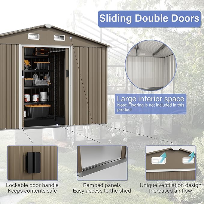Kurapika 10×8 FT Outdoor Storage Shed Large Metal Tool Shed with Floor, Window and Lockable Door, for Garden, Patio, Backyard, Lawn(Brown)