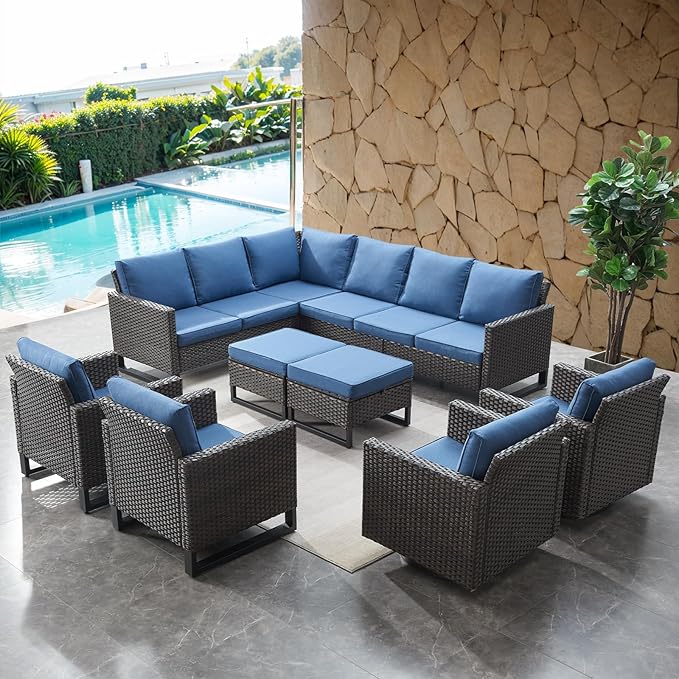 HUMMUH 8 Piece Patio Furniture All Weather 6-Seater Outdoor Sectional Sofa with Patio Swivel Chairs and Outdoor Chairs Ottomans for Porch,Garden,Backyard,Deck(Brown/Blue)