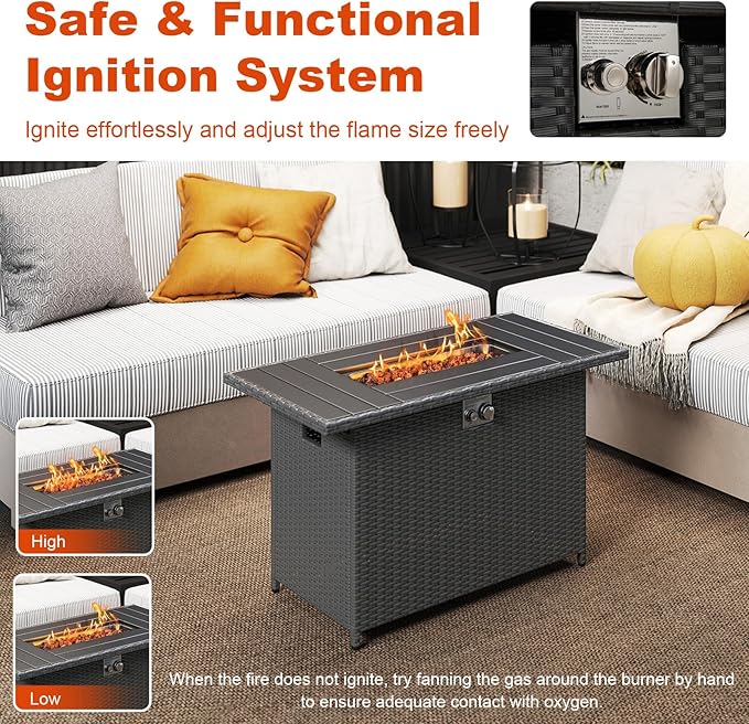 Tangkula 44.5 Inch Propane Fire Pit Table, Outdoor Rattan Gas Firepit with Metal Slatted Tabletop & Stainless Steel Burner, Rectangle Fire Pit with Lava Rocks & Protective Cover for Outside Patio