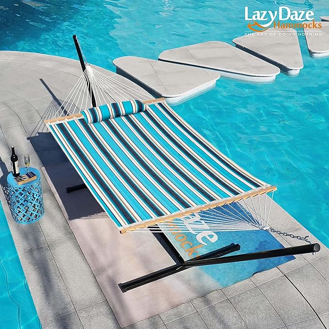 Lazy Daze Hammocks 12 FT Sunbrella Quilted Double Hammock with Hardwood Spreader Bar, 450 lbs Capacity, Blue, Hammock, 2 Person, Patio, Outdoor, All Weather