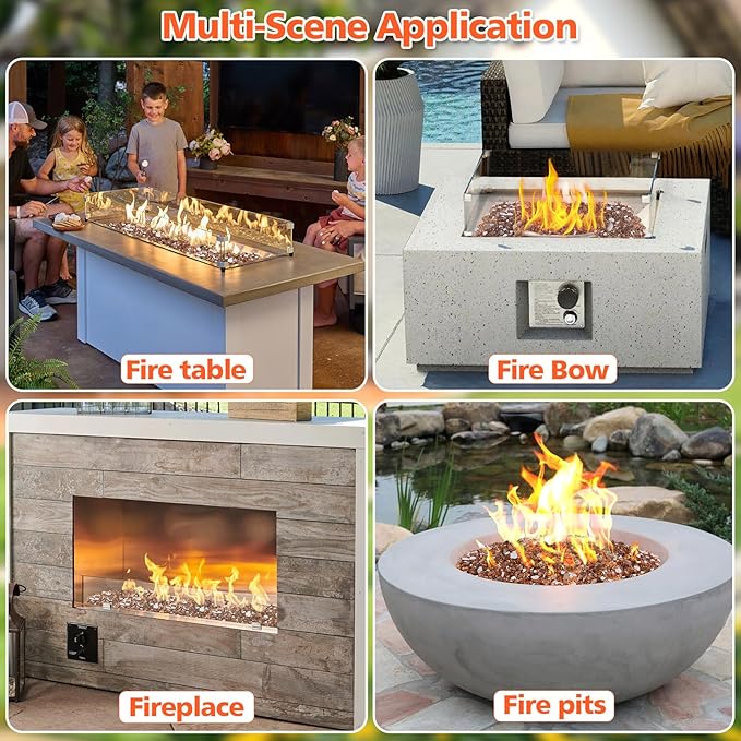 Mesida Fire Glass for Propane Fire Pit, 1/2 Inch Reflective Firepit Glass Rocks for Fireplace, Outdoor Fire Table & Landscaping, 10 lbs Tempered High Luster Glass,Copper