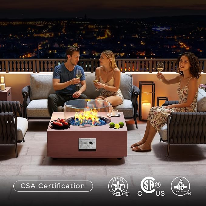 28 Inch Fire Pit Table with Wind Guard 40,000 BTU Propane Gas Fire Pit Table with Glass Rocks for Outside Patio Outdoor Backyard Deck Balcony, CSA Certified