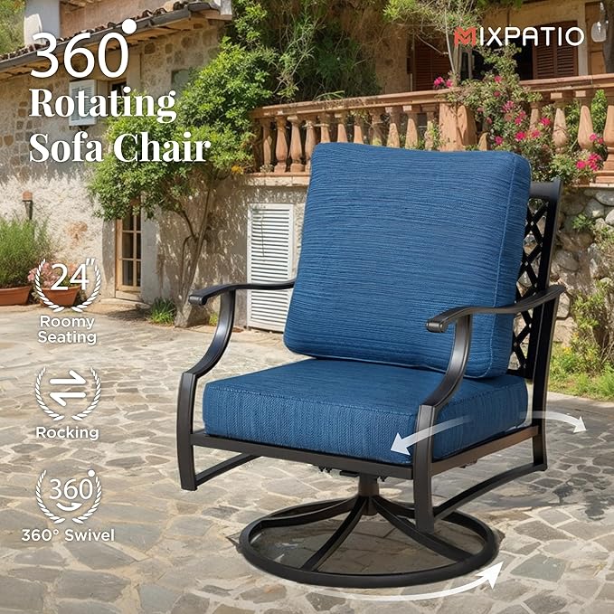 Patio Furniture Set, 6 Pcs Metal Outdoor Conversation Set, 2 Swivel Chairs, 2 Ottomans and 3 Seater Sofa with 5.75" Extra Thick Cushion and Gas Fire Pit Table, Gemstone Blue