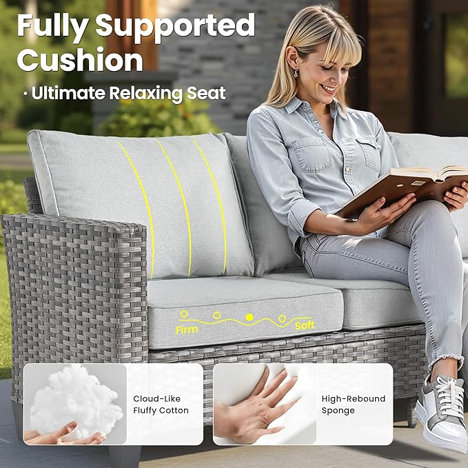 ovios 6 Pieces Patio Furniture Set with 42" Fire Pit Table, Outdoor Wicker Sofa with Comfy Cushions, All Weather High Back Rattan Couch Conversation Set, Grey