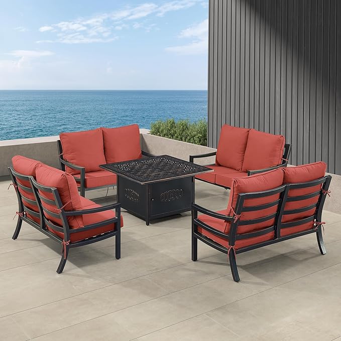 Oakland Living Black Aluminum Patio Fire Table Set with Four Deep Seating Loveseat with Cushions with Red Cushions