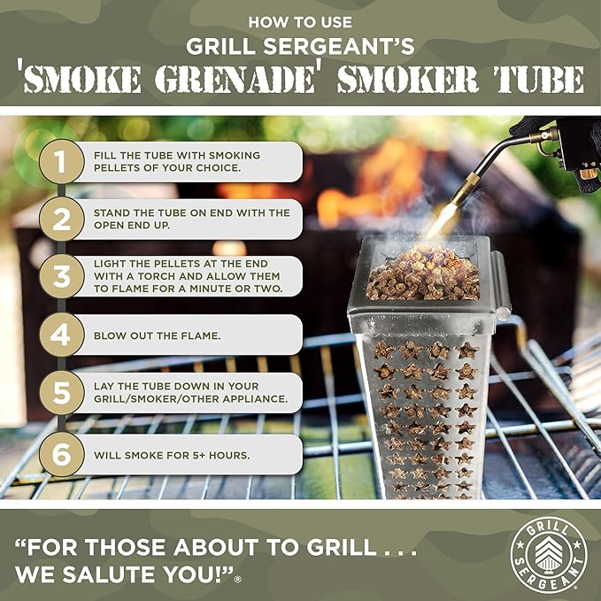 GRILL SERGEANT Smoker Tube, Forever Guarantee, Patented Elevation Bar, Cold & Hot Pellet Smoking, Thick Stainless Steel, 5+ Hours Billowing Smoke, Grills and Smokers, Cheese, Fish, Pork, Beef, Nuts