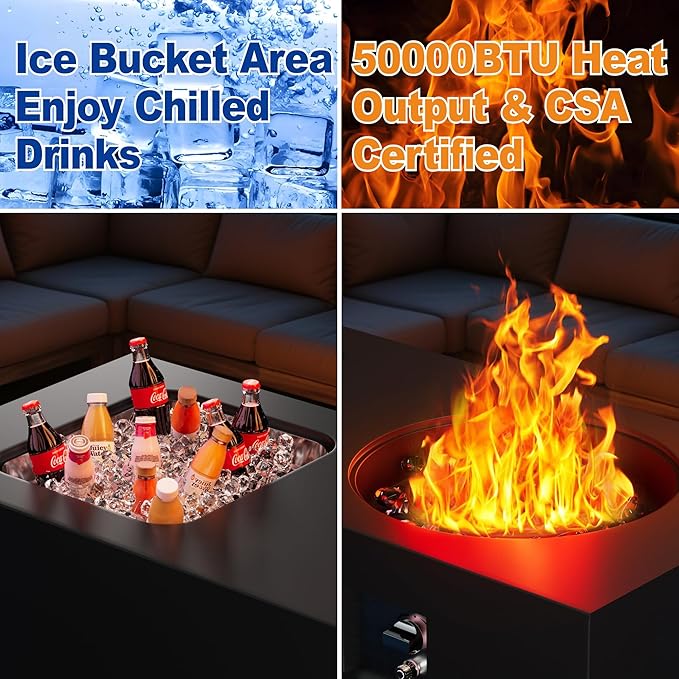 Dineli 2-Piece Outdoor Propane Fire Pit Table Set w Tank Table 48'' Rectangular Firepit w Ice Bucket Gas Fire Pits for Outside Patio Tabletop Fire Pits, 50,000 BTU, Black