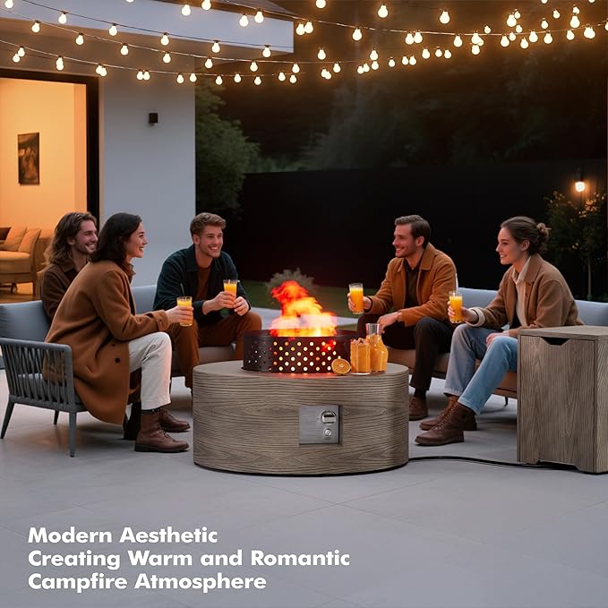 30" Round Propane Fire Pit Table - 50K BTU with Lid, Rocks Tank Storage and Cover - Round Gas Fire Pits for Outside Patio - Outdoor Table with Firepit (Teak Finish, 30" Round)