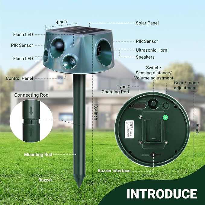 360° Deer Repellent Device, IP66 Waterproof Solar Ultrasonic Animal Repellent, Pest Repeller with Motion Detection & PIR Sensors, Cat Deterrent Outdoor for Repelling Sankes, Raccoons, Cats, Dogs