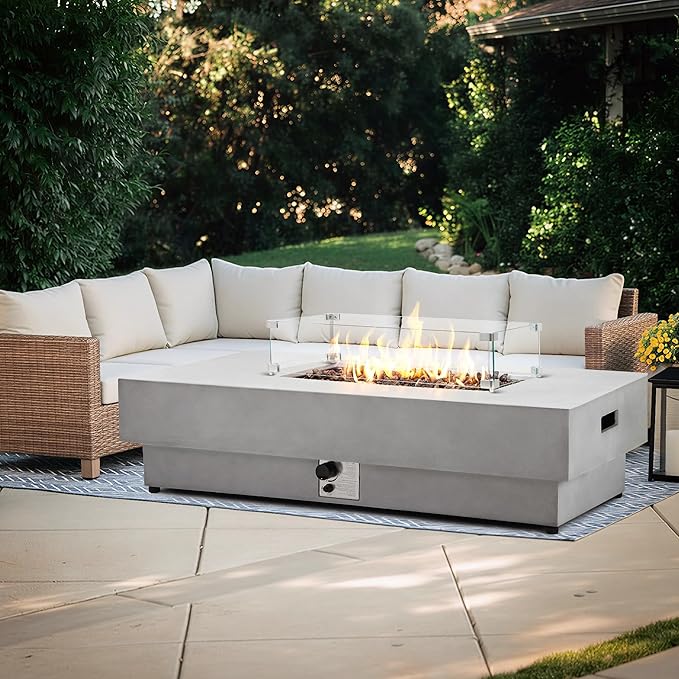 60" Rectangular Propane Fire Pit – 50,000 BTU Concrete Fire Pit with Glass Wind Guard – Backyard Firepits Outdoor – Gas Fireplace for Deck or Patio