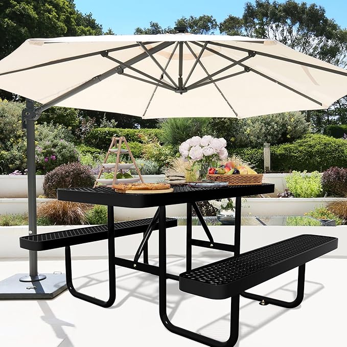4FT Metal Picnic Table with Benches, Rectangular Lifetime Picnic Table with Umbrella Hole, Outdoor Furniture Heavy Duty Sturdy Commercial Picnic Tables for Patio Garden Courtyard BBQ Shopping Centers