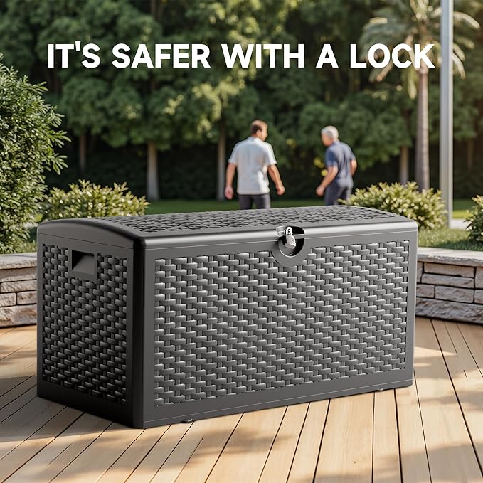 80 Gallon Deck Box, Double Layer Waterproof Resin Outdoor Indoor Storage Box, Lockable & UV Resistant Storage Bin for Patio Furniture, Garden Tools, Pool Accessories (Black)