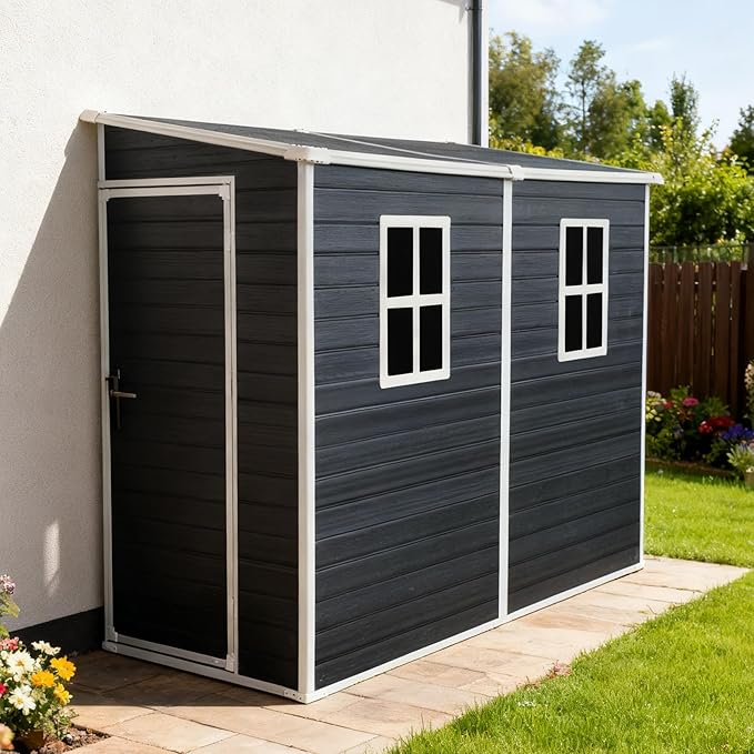 4‘x8’ Lean to Shed, Resin Storage Sheds Outdoor with Floor Included, Plastic Sheds & Outdoor Storage Clearance with 2 Windows, Backyard Storage Sheds for Garden Tools, Bicycle