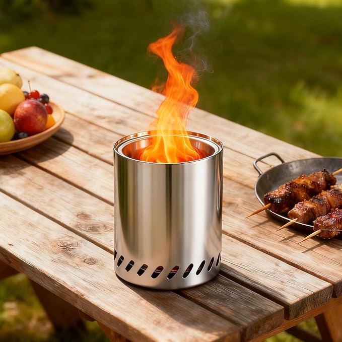 Tabletop Fire Pit with Stand 9.7 x 7.1 Inch, Smokeless Camping Stove for Outdoor Safe Burning, Fueled by Pellets or Wood, Stainless Steel with Portable Travel Bag for Urban, Suburbs & Camping