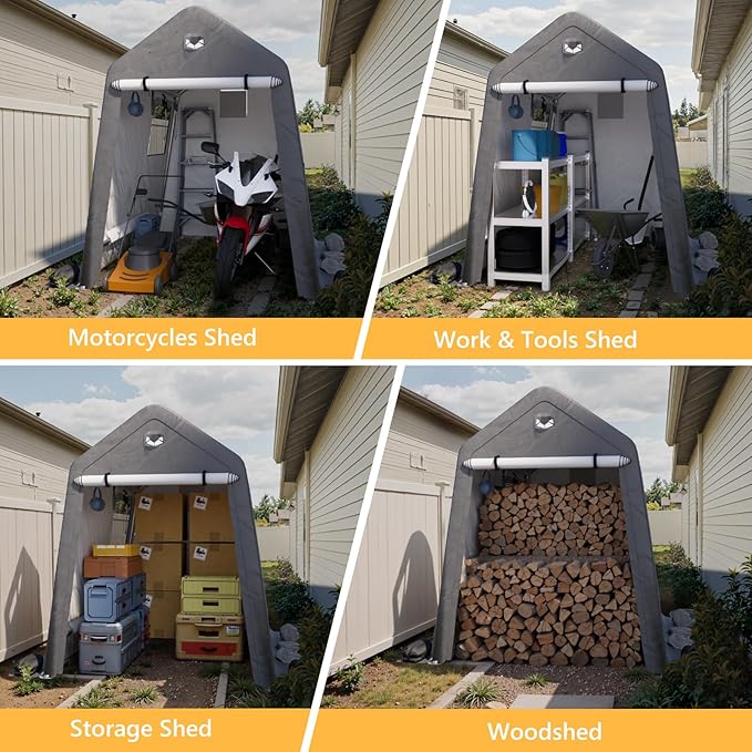 6x8 FT Outdoor Storage Shed, Portable Outdoor Storage Shelter with Roll Up Zipper Door and Vent Windows, Silver Grey
