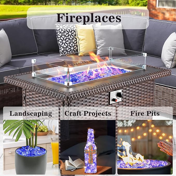 GRISUN Blue Fire Glass for Fire Pit - 1/2 Inch 10 Pounds Tempered Glass Rocks for Natural or Propane Fireplace, Safe for Outdoors and Indoors Firepit Glass
