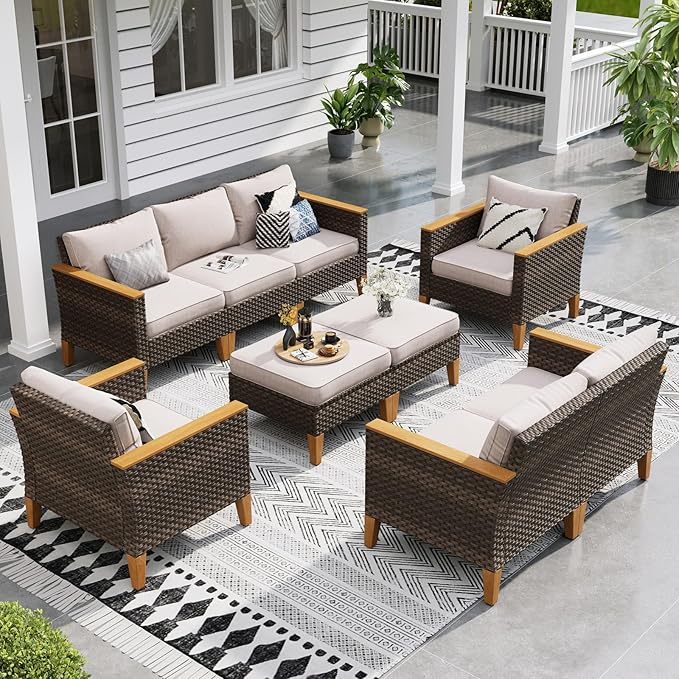 Sophia & William Wicker Patio Furniture Set, Outdoor Rattan Sectional Sofa 9 Piece Patio Conversation Set with 4 x Corner Sofa, 2 x Single Chairs, 1 x Armless Couch, 2 x Ottoman for Deck, Backyard