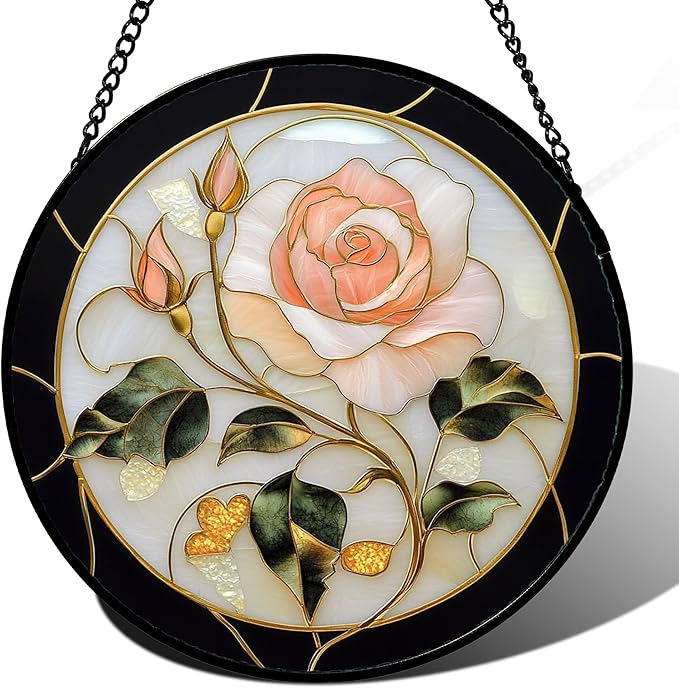 AMDERVEN Stained Glass Window Hanging - Black White Pink Rose Sun Catcher for Door Home Decor Flower Suncatcher Christmas Mother's Day Birthday Gifts for Women Men Lovers Mom Nana 11.8 in
