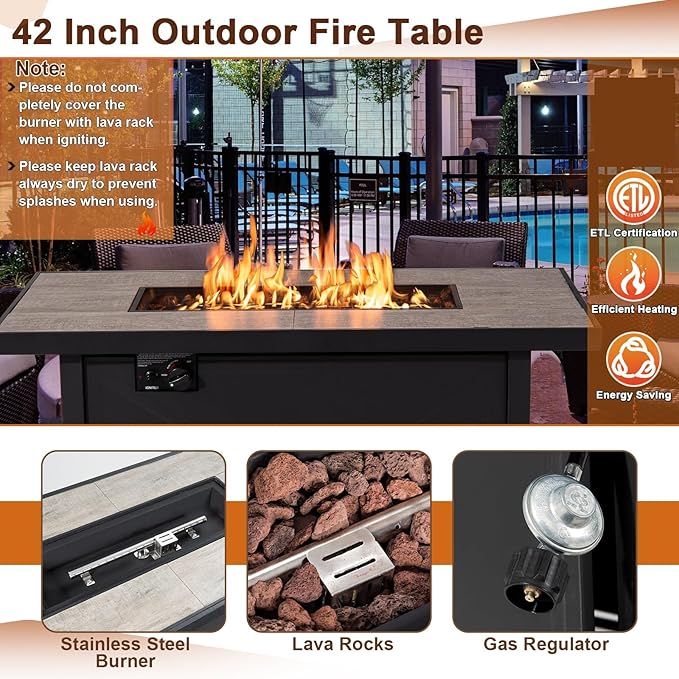 Tangkula 42 Inch Propane Fire Pit Table, Patiojoy 60,000 BTU Outdoor Rectangle Gas Fire Table with Ceramic Tabletop, Lava Rocks & PVC Cover Included, Auto-Ignition Propane Heater for Backyard, Patio