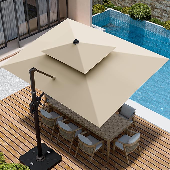 9' X 12' Cantilever Patio Umbrella Double Top Rectangular Outdoor Large Offset Umbrellas with 7 Tilts Adjustable 360°Rotation for Deck Pool Garden Backyard, Beige