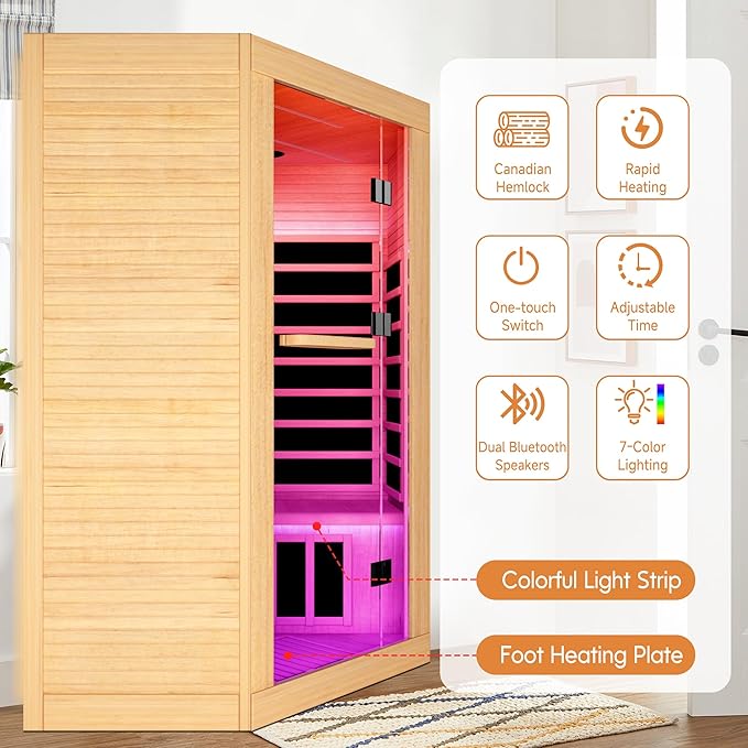 2-3 Person Corner Infrared Sauna Cabin 2180W Home Dry Steam Sauna with Colorful Lights and Bluetooth Speaker, Low Electromagnetic Radiation Canadian Hemlock Wood Dimensions 47.2 x 47.2 x 74.8 inches