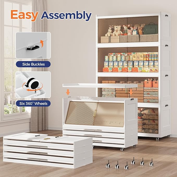 150Gal Extra Large Stackable Storage Bins with Lid, 600Qt Collapsible Storage Box with Wheels, Closet Organizers and Storage Cabinet Container for Home, Kitchen, Office, Bedroom, 3Pack White